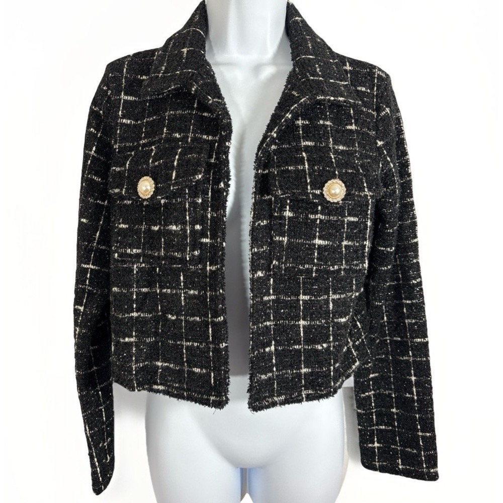 Sincerely Jules Black White Tweed Cropped Jacket Blazer M Pearl Button Coquette
